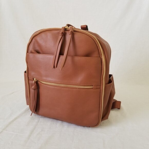 NWT! Midsize Brown Faux Leather Backpack Baby Bag Tote w/Luggage Strap & Tassels main image 5